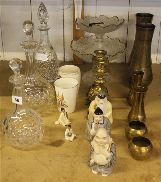 Webbs decanter, 2 glass comports, ceramic Chinese figures, pair Victorian candlesticks etc